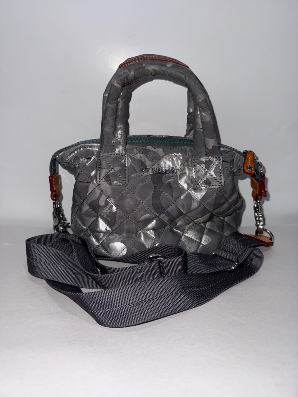 MZ Wallace Silver Metallic Camo Micro Sutton crossbody hand bag